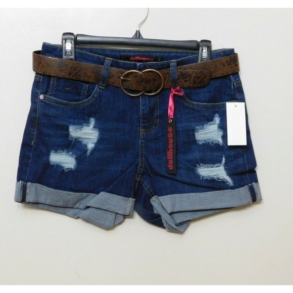 JR1 Dollhouse Blue Juniors' Distressed Belted Cuffed Denim Shorts - Size 11 - Picture 1 of 2